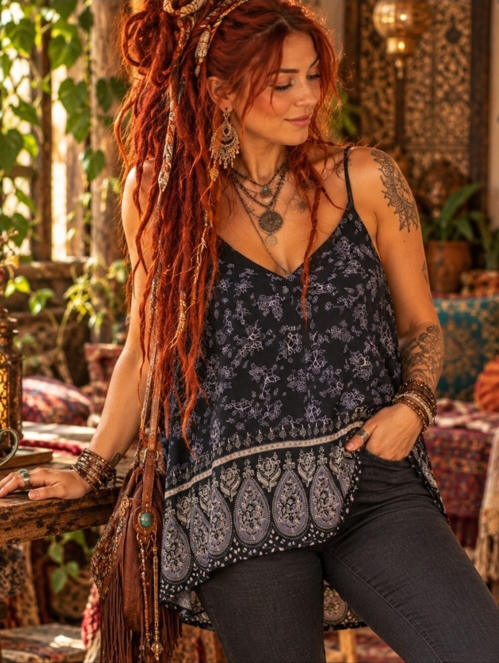 4/$15 Dark Boho Paisley Tank Top XL Sheer Sleeves Whimsigoth 70s Revival Fairyco